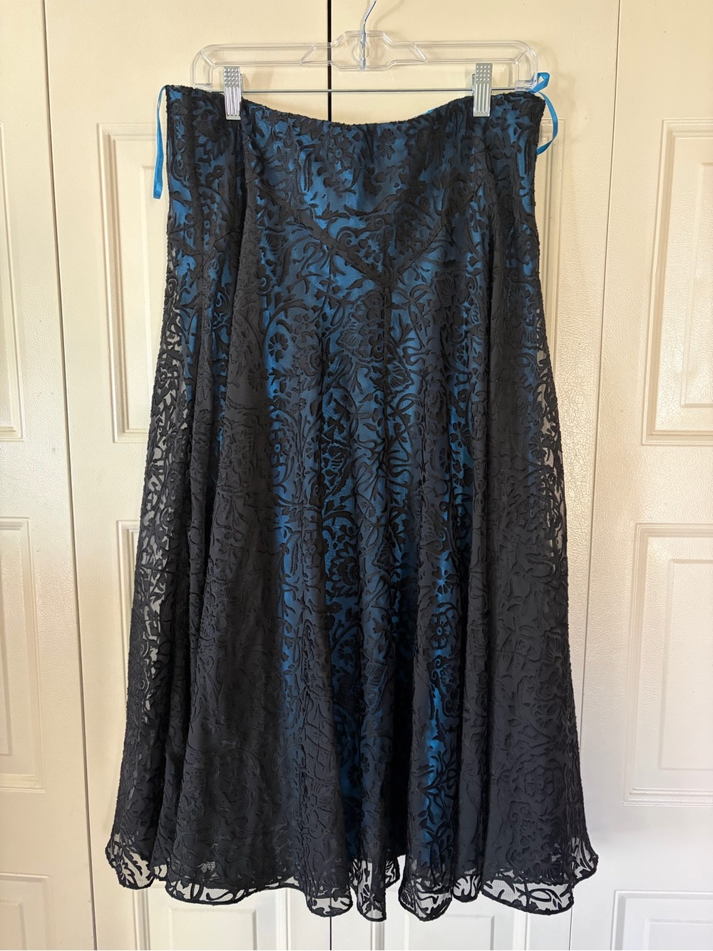 Whimsigoth Dark Fairy Grunge Burnout Maxi Skirt Black Over Blue Sz LG Witchy